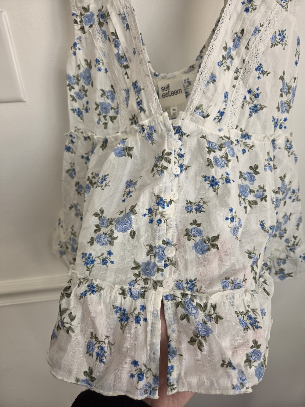 Self Esteem White Camisole with Blue Floral Print and Lace Trim - Picture 6 of 6
